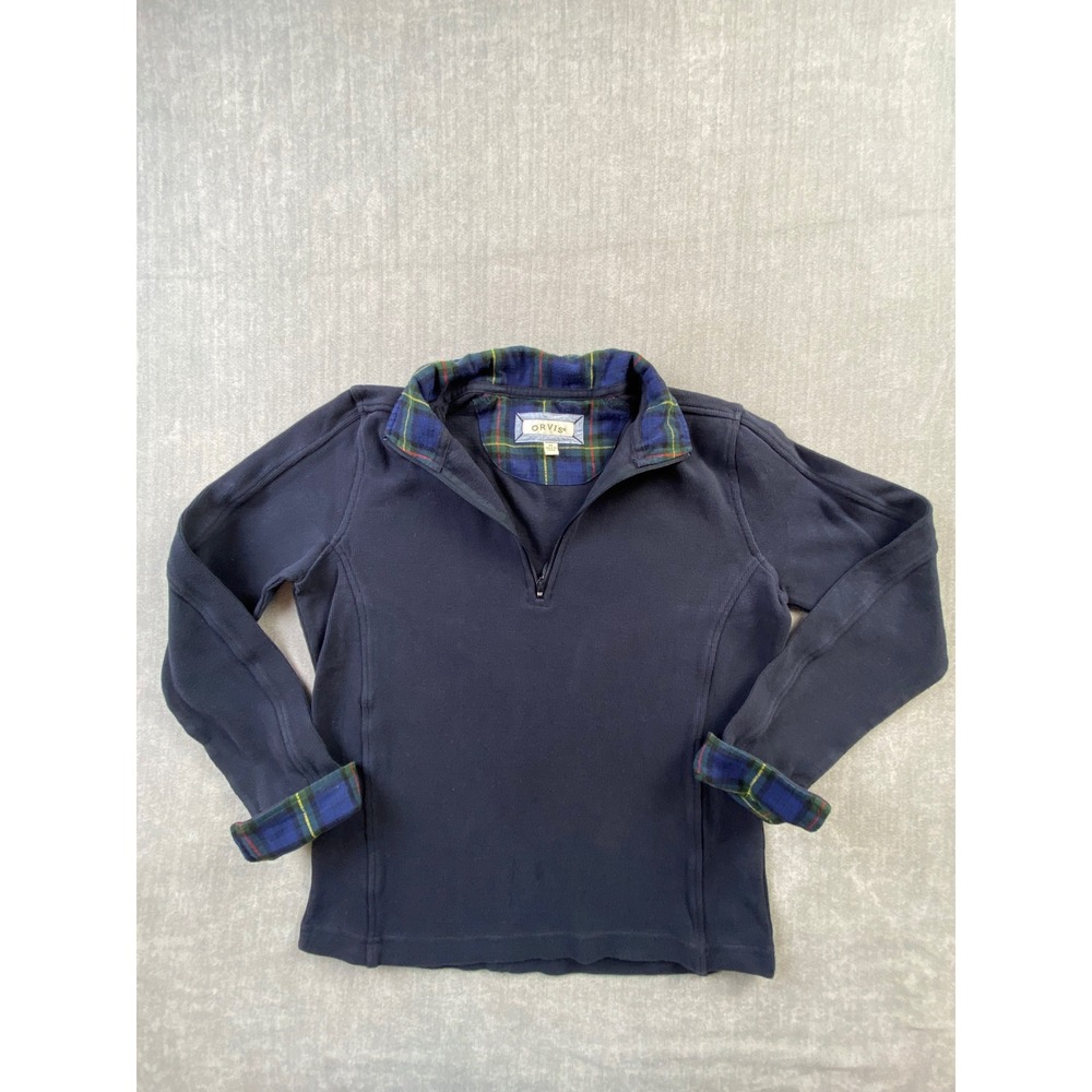 Orvis Womens XS Navy Blue Plaid Lined Quarter Zip Pullover‎ Cotton Sweatshirt